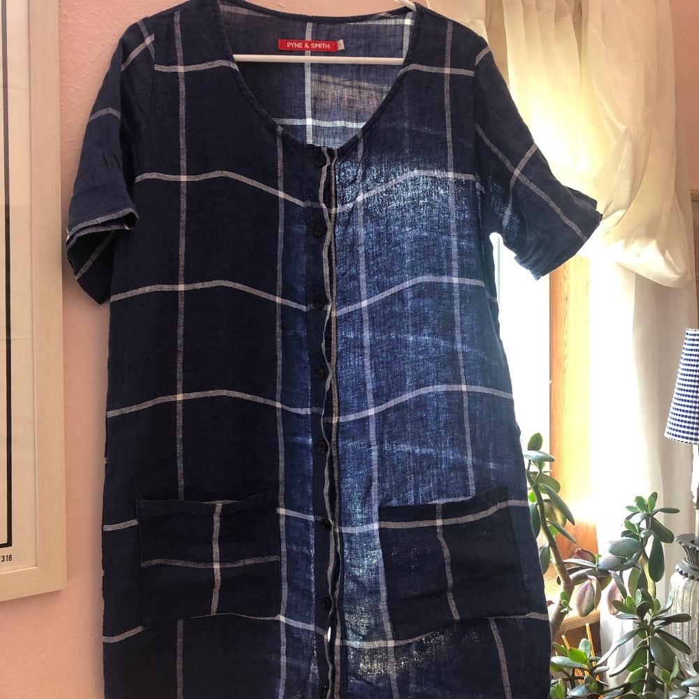 Linen Pyne & Smith Blue Windowpane Shift Dress Size S